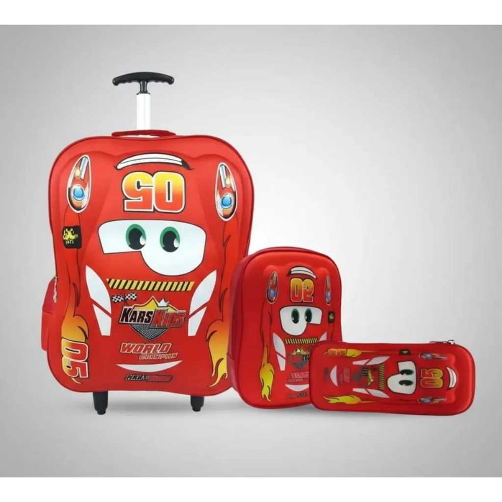 KIT MOCHILA CARRINHO ESCOLAR GRANDE CARRO MCQUEEN 3D ALTO RELEVO em Oferta na Shopee