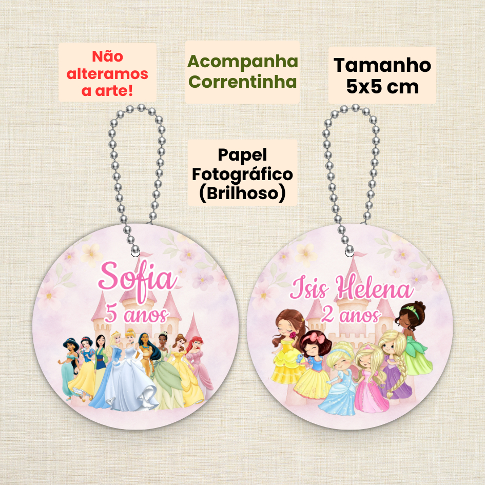 Tag 5CM com Correntinha Princesas | Personalizada com Nome e Idade para Lembrancinhas