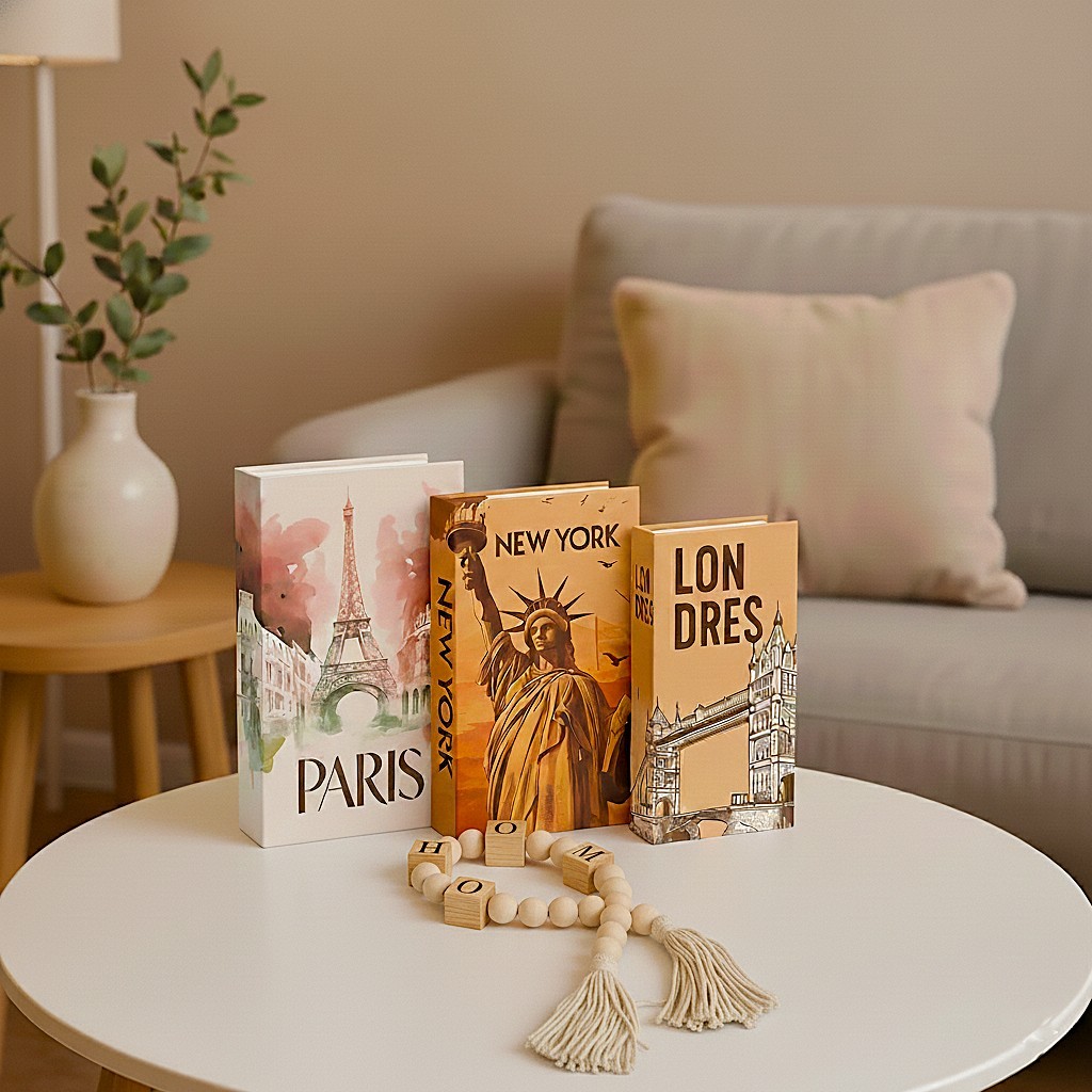 Kit Caixa Decorativa Livro Falso Fake Capa Dura Porta Objetos Decoração Sala Quarto
