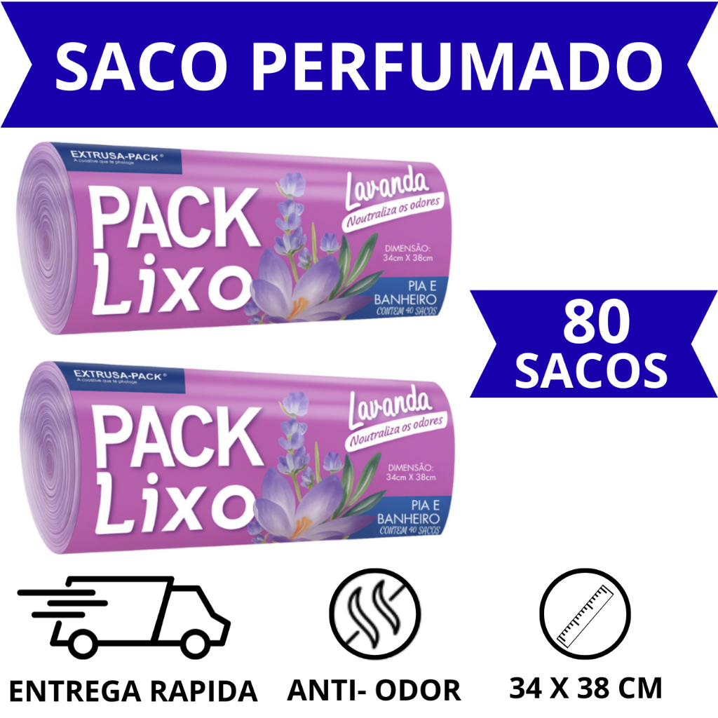 Saco de Lixo Pia e Banheiro Lavanda 38x34cm Kit 1 - 2 Pacotes (80 Sacos) Pack Lixo - Extrusa-Pack em Oferta na Shopee
