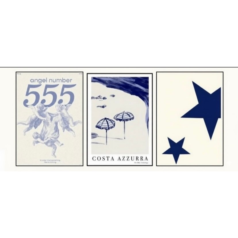 Quadros decorativos azul marinho com anjos 555 Costa Azzurra e estrelas (3 peças)
