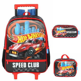Kit Mochila Infantil Com Rodinhas + Lancheira Térmica + Estojo Simples do Hotwheels Speed Club Volta as Aulas em Oferta na Shopee
