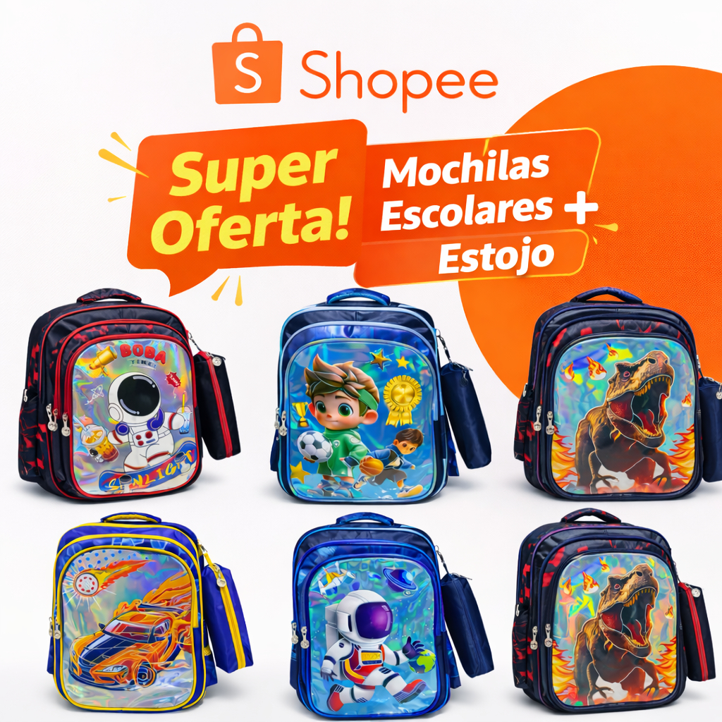 Kit Mochila Infantil Escolar + Estojo Holográfico Menino Dinossauro Astronauta Carro Futebol