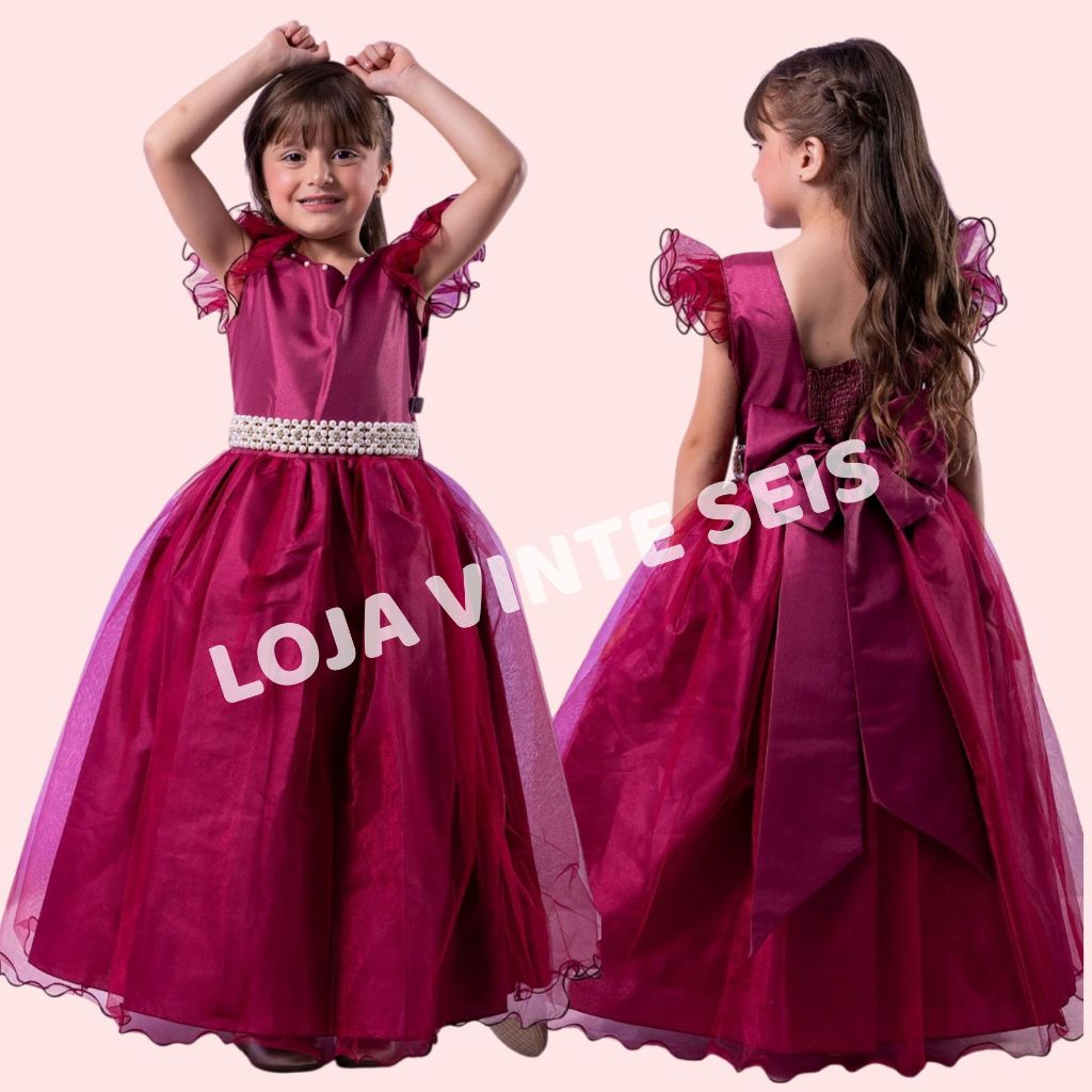 Vestido Marsala Longo Infantil Daminha Formatura Festa Casamento Aniversario Luxo 4 ao 18 anos