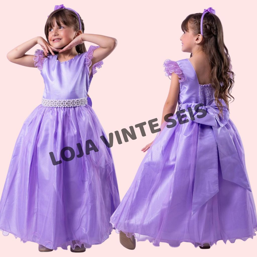 Vestido Lilás Longo Infantil Daminha Formatura Festa Aniversário Casamento Luxo 4 ao 18 anos