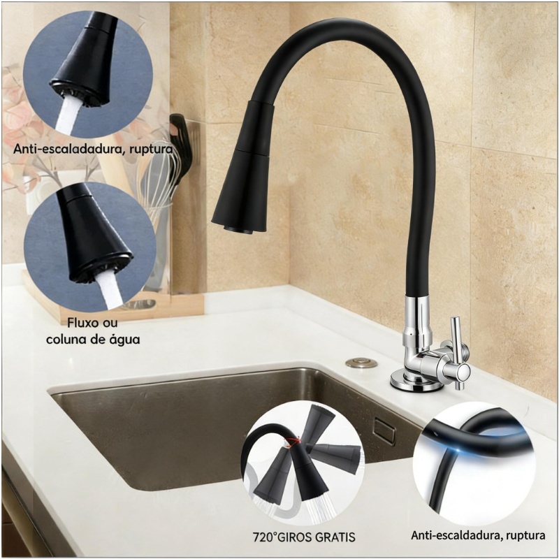 Torneira Parede Cozinha Gourmet Preta Flexivel 2 Jatos 1/4 de Volta Para Mesa Pia Bancada e Mármore