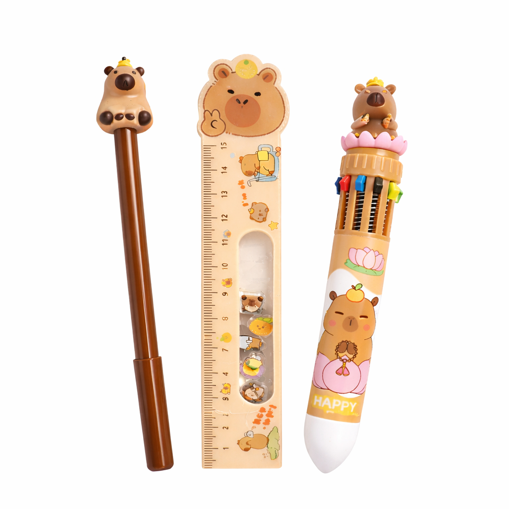 Kit Capivara/Capybara Escolar Sortido Caneta Preta+Caneta Colorida 10 em 1+Régua agua Interativa a 15cm - papelaria fofa em Oferta na Shopee