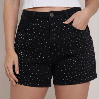 Short Jeans Curto Feminino Com Brilho Pedraria Strass Cintura Alta Moda Verão
