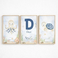 Kit 3 Quadros Decorativos Infantil Fundo do Mar Personalizado com Nome Para Quartos de Menino