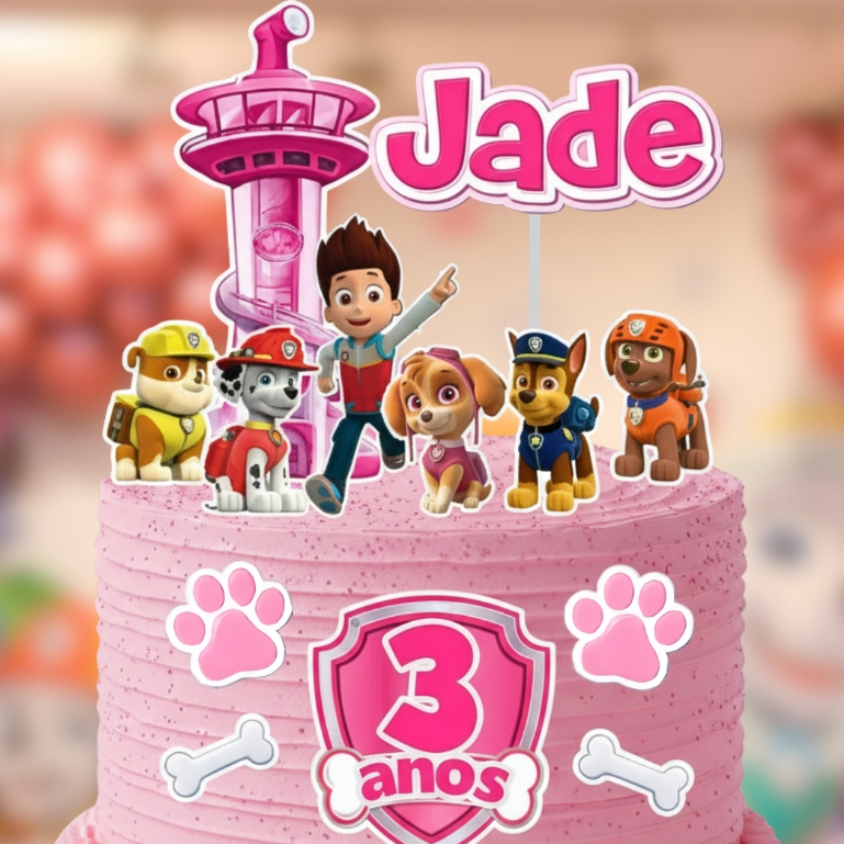 Topo Topper de bolo Patrulha canina rosa Skye Personalizado - Aniversário - Mesversário - Festa