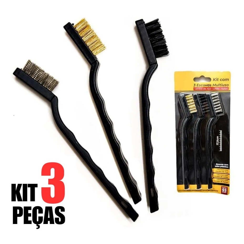 3 Escovas de Aço Multiuso Kit 3 Pcs Aço Latão Nylon Cabo Plástico