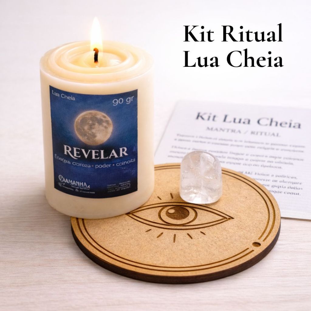 Kit Lua Cheia Ritual Completo | Vela Aromática Revelar Clareza Jasmim e Sândalo + Quartzo Cristal + Mantra + Selo MDF