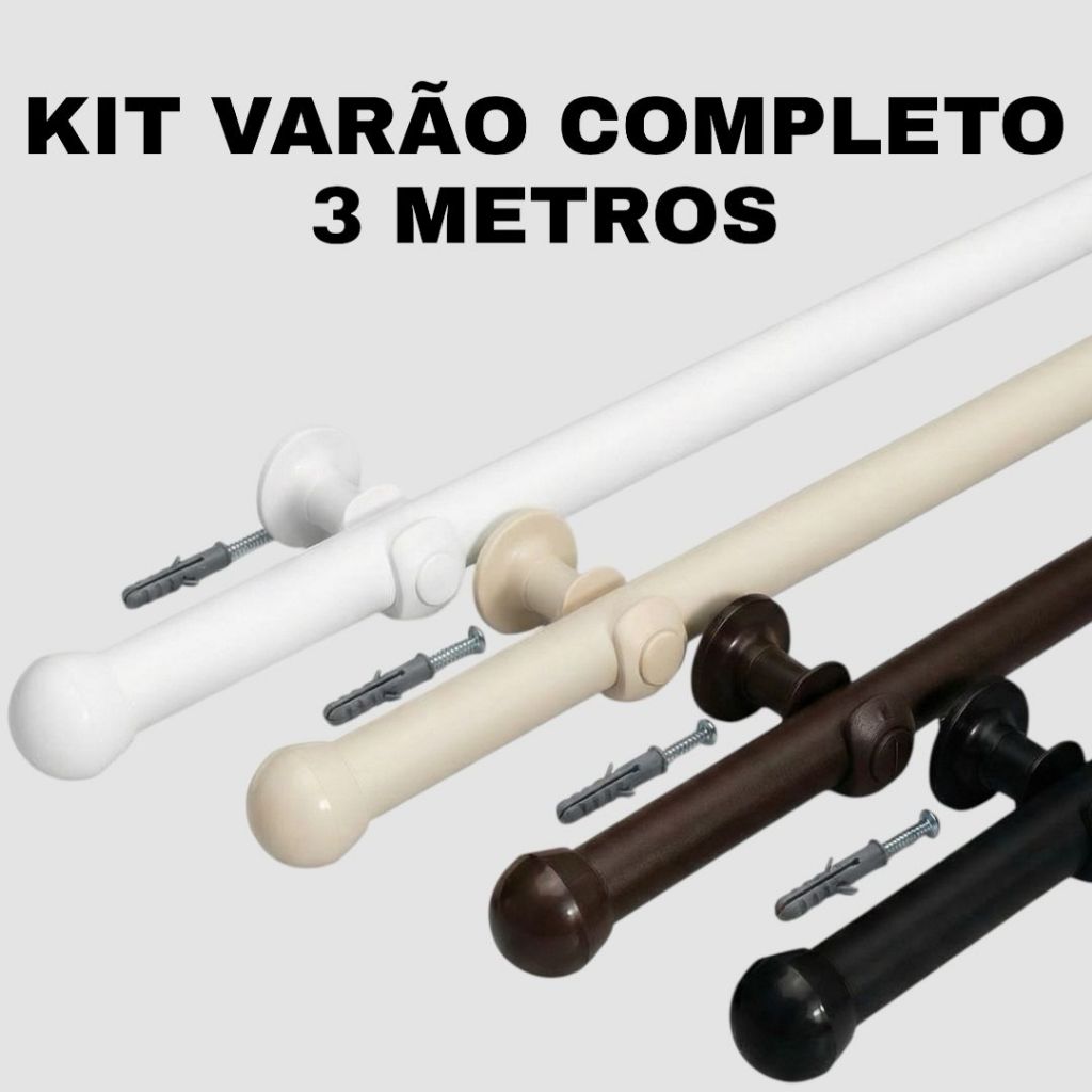 Kit Varão Cortina 3,00 Metros Completo 19mm Varias Cores de Madeira Simples e Resistente