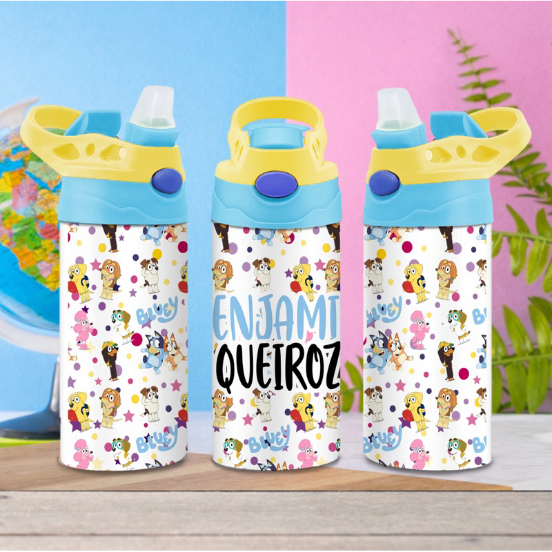 Garrafa Squeeze de alumínio personalizado com tema seu nome - volta as aulas Bluey e Bingo