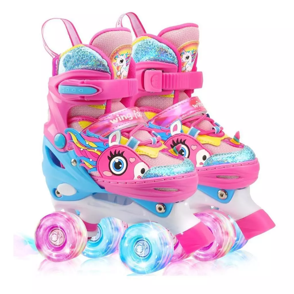 Patins Infantil Ajustavel Com Led Quad Meninas De 4 Rodas Rosa Unicornio — imagem 1