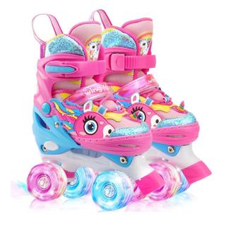Patins Infantil Ajustavel Com Led Quad Meninas De 4 Rodas Rosa Unicornio