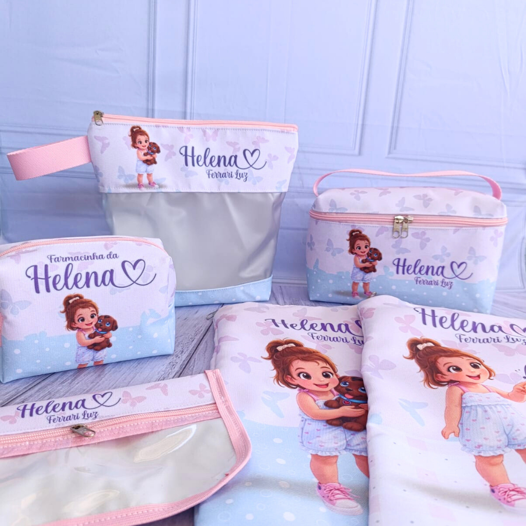 Kit Creche Escolar Completo com Maleta, Saquinho Roupa Limpa e Suja,  Estojo Higiene Bucal e Necessaire do Banho