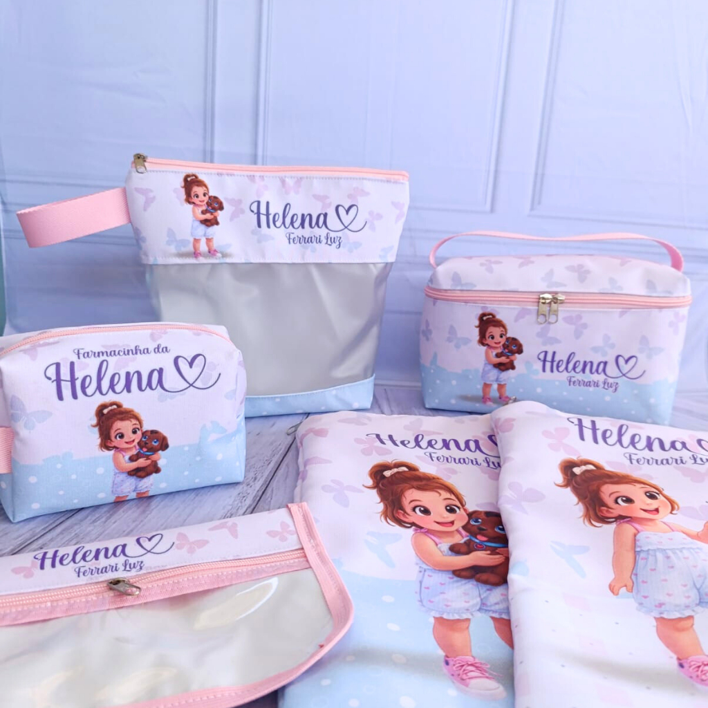 Kit Organizador Escolar Creche Infantil com Saquinho de Roupa Limpa, Roupa Suja, Estojo Bucal, Necessaire Banho e Maleta