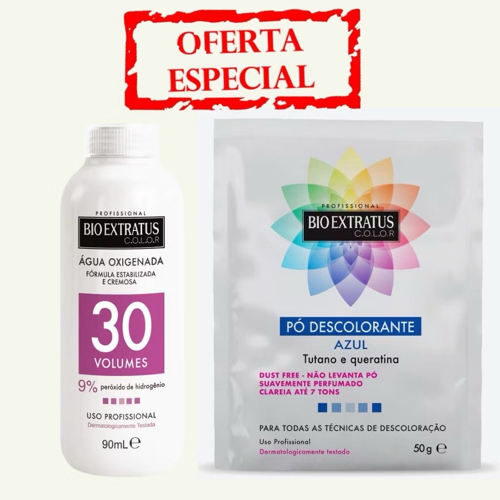 Kit Pó Descolorante 50g + Água Oxigenada 90ml Bio Extratus