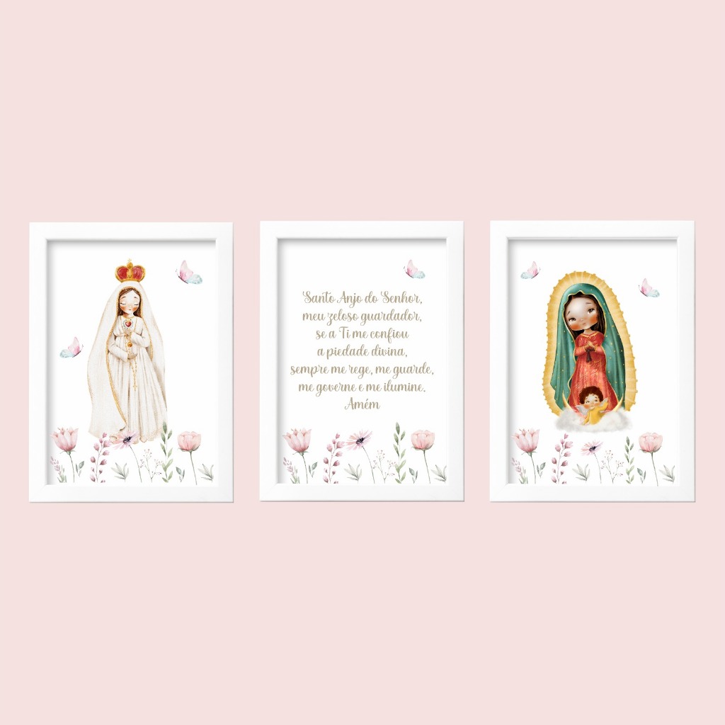 Kit com 3 quadros decoração infantil Nossa Senhora de Guadalupe e Nossa Senhora de Fatima com oração
