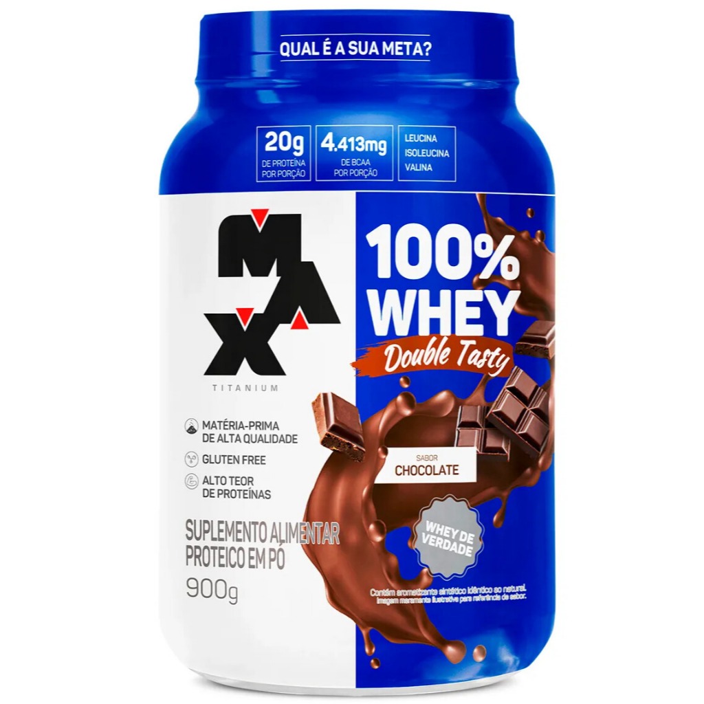 WHEY PROTEIN 100% DOUBLE TASTY  SABOR CHOCOLATE POTE 900G MAX TITANIUM