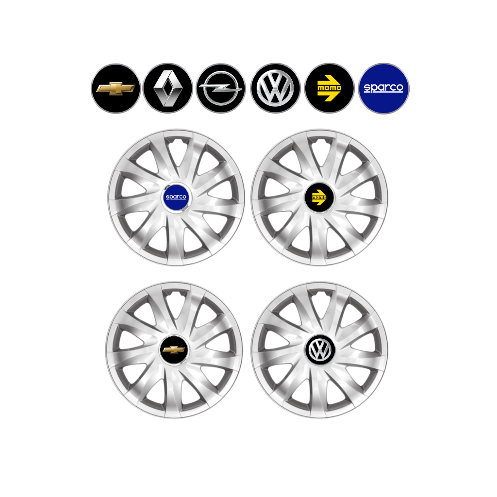 Kit 4 Adesivos Calota 48mm - Renault, Chevrolet, Volkswagen, Opel, Momo, Sparco (Verniz)