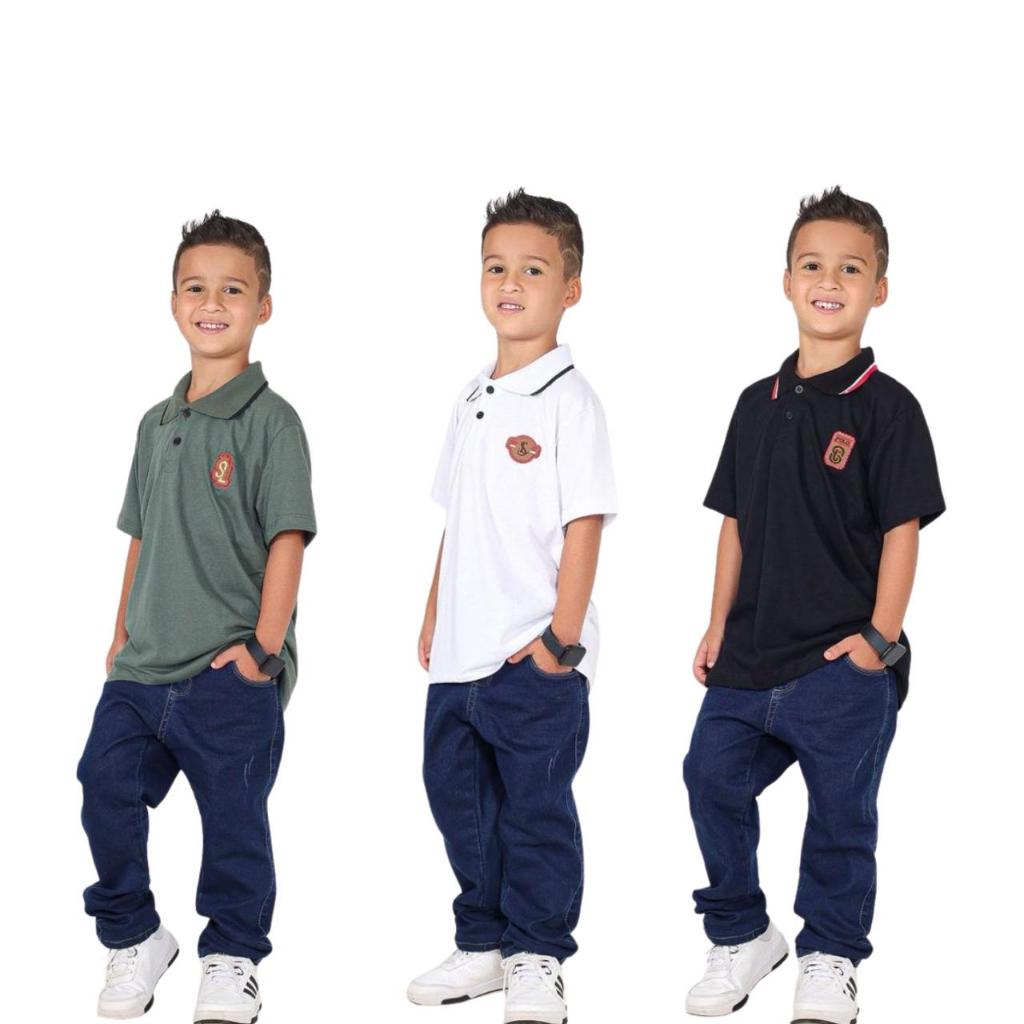 kit 3 Camisa Camiseta Infantil Masculino Gola Polo Manga Curta Malha Algodão Fio 30 Casual Lisa Basica