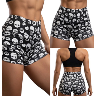 Short Premium Caveira Preto e branco curto cintura alta academia zero transparência em Oferta na Shopee