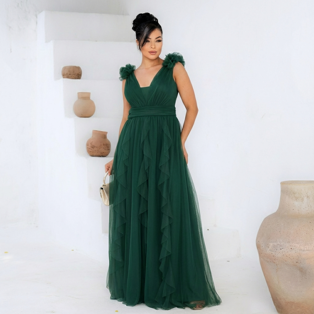 Vestido Longo Feminino em Tule com Decote V Elegante para Festa formatura madrinha
