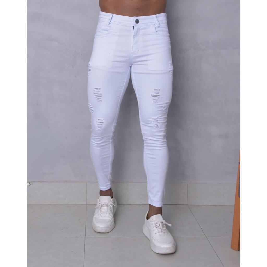 Calça Branca Masculina Jeans Rasgada Destroyed Slim Fit Estilo Jogador Premium com Lycra
