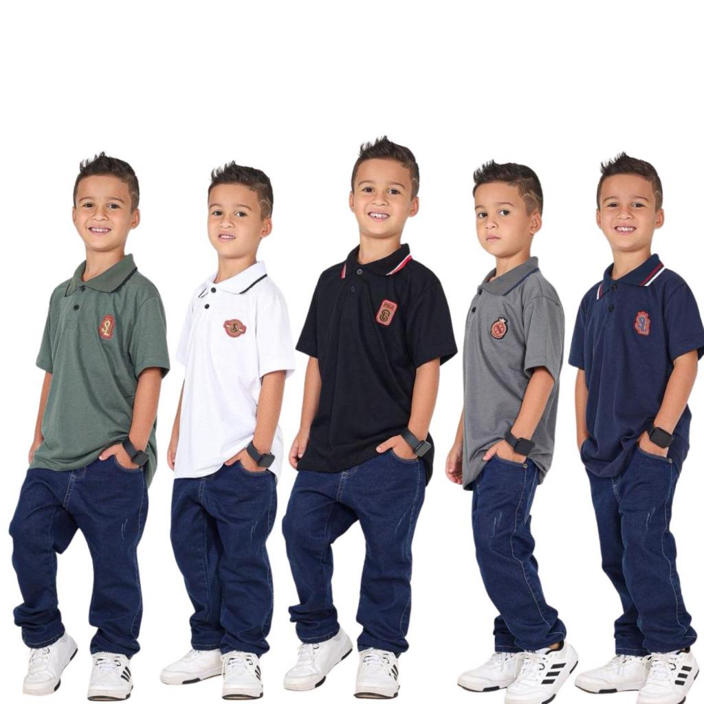 kit 5 Camisa Camiseta Infantil Masculino Gola Polo Manga Curta Malha Algodão Fio 30 Casual Lisa Basica