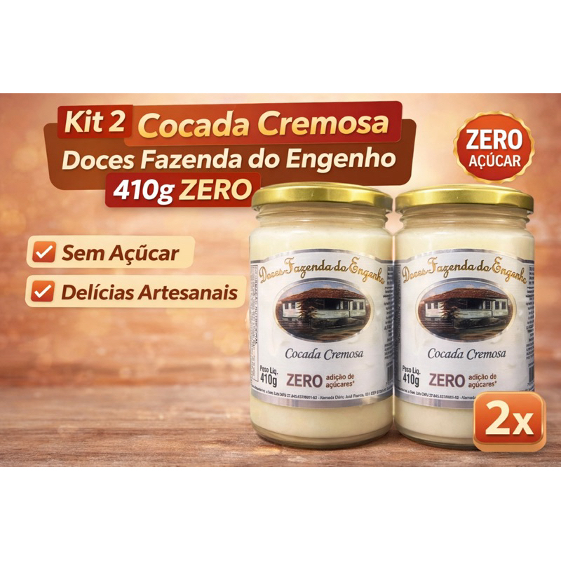 Kit 2 Cocada Cremosa Zero Açúcar Doces Fazenda do Engenho 410g Artesanal