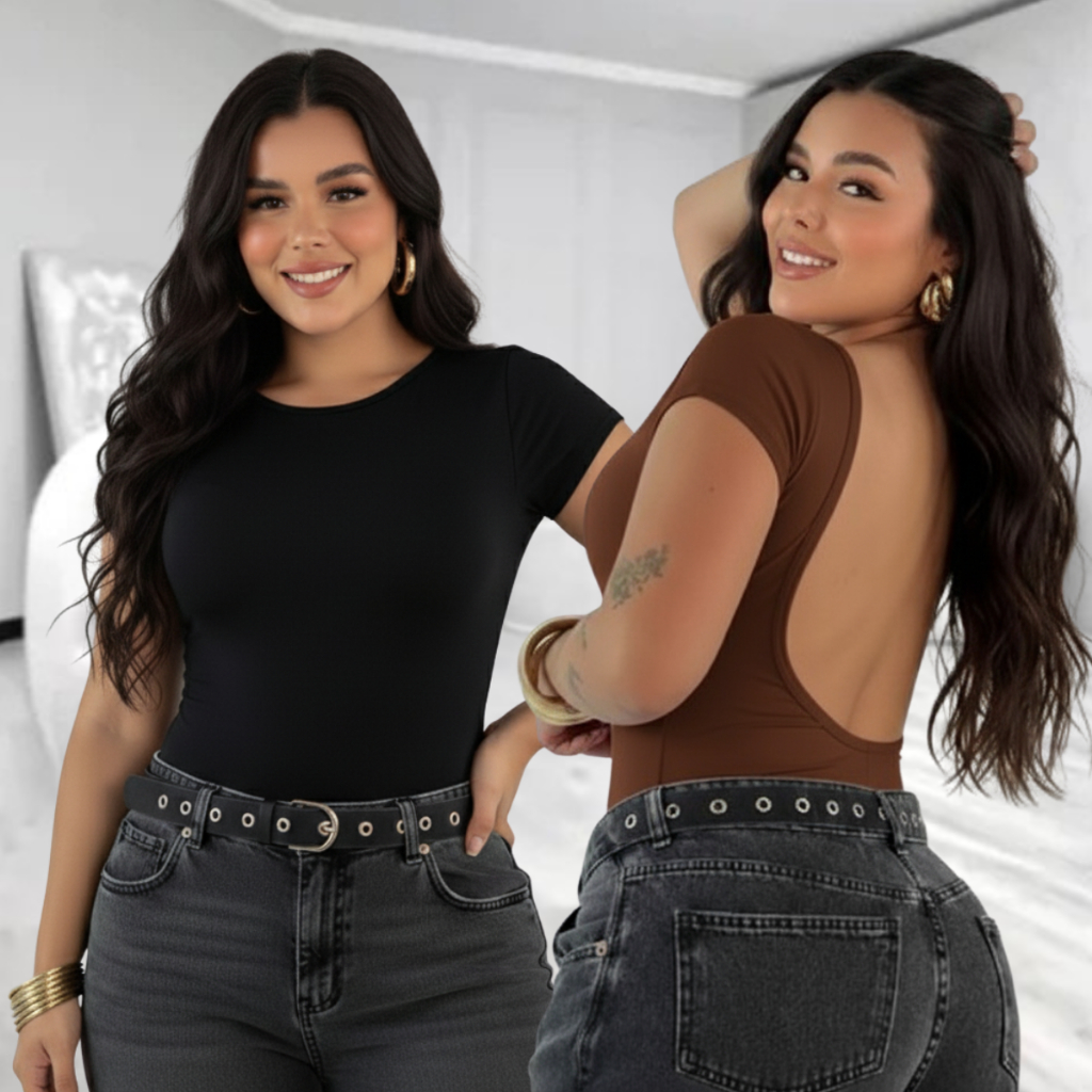 Kit 2 Body Feminino Costas Nua Sensual Costa Aberta Collant Manga Curta Casual Dia Noite