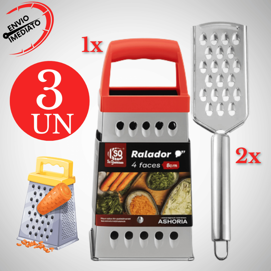 Kit 3 Ralador Manual Ralador 4 Faces 100% Aço Inox Para Queijo Legumes Alho Frutas Cozinha