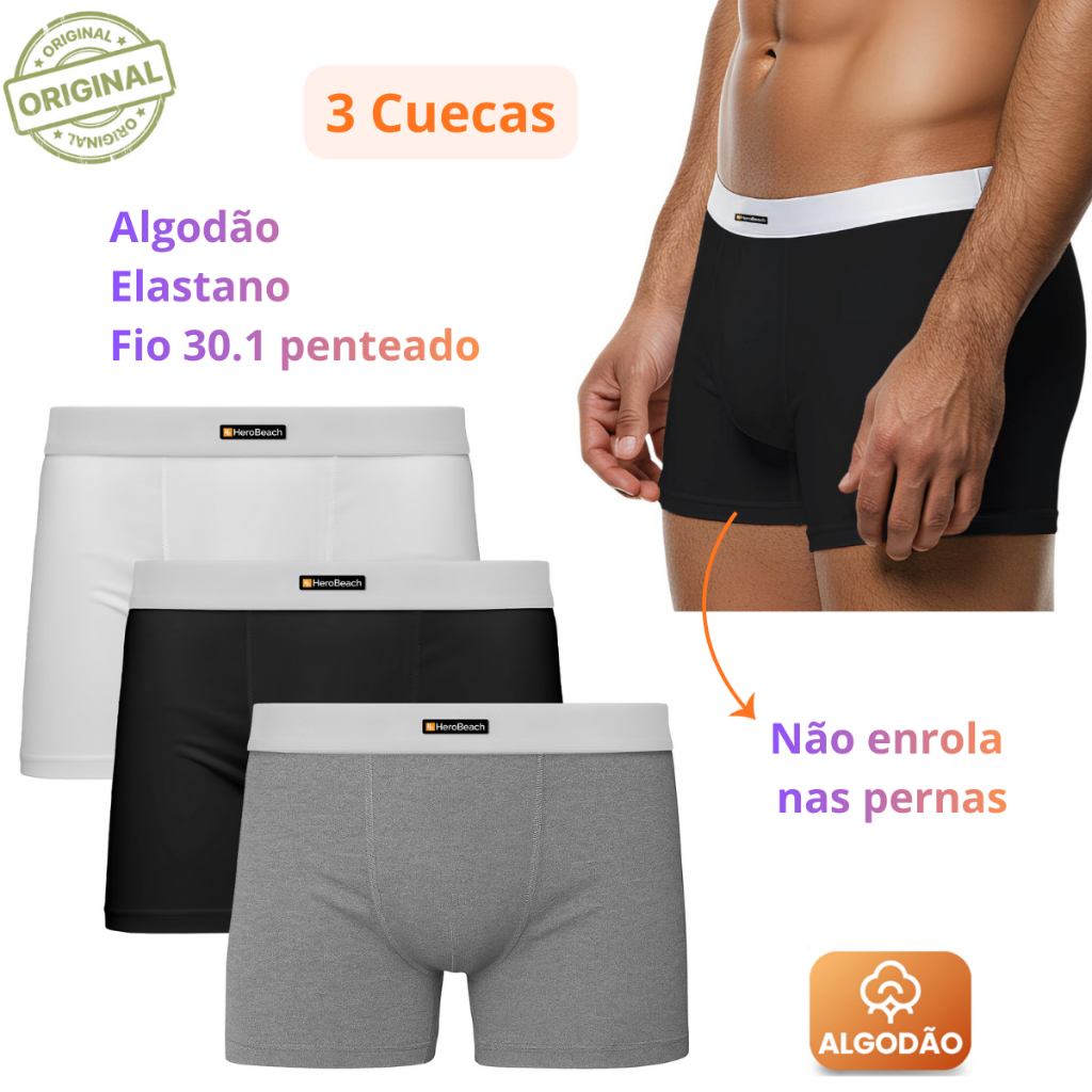 Cueca Boxer Masculina Luxo HeroBeach Algodão 30.1 Premium | Kit com 3