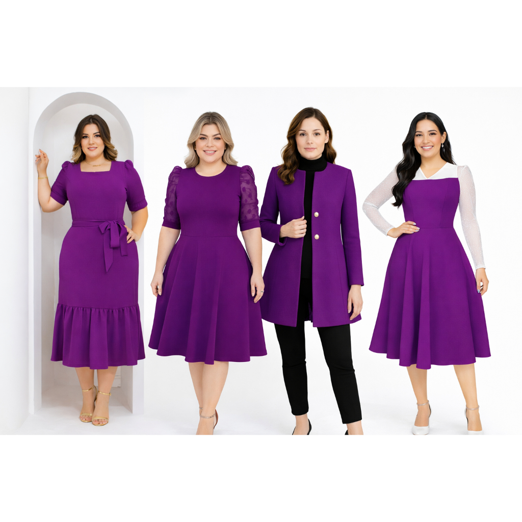 Vestido Estilo sobretudo Moda Evangélica Social Rodado Plus Size Midi Fardamento congresso coral Roxo Violeta Lilás