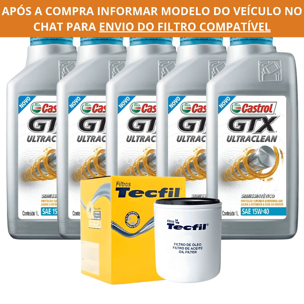 Kit Troca de Oleo 5L Castrol GTX Ultraclean 15W-40 Semissintetico + Filtro de Oleo Tecfil
