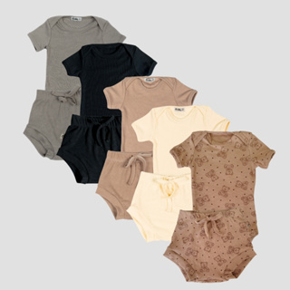 Kit 5 conjuntos body bebe manga curta e short tapa fralda canelado super macio e confortável 05k5 em Oferta na Shopee