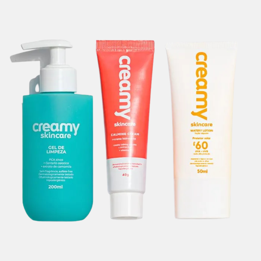 Kit Creamy Skincare 3 Passos: Gel Limpeza + Calming Cream + Protetor Solar FPS60