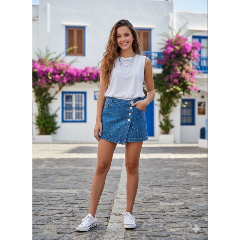 Short Saia Jeans com Aplicação de Strass 16 anos. Medidas na descrição