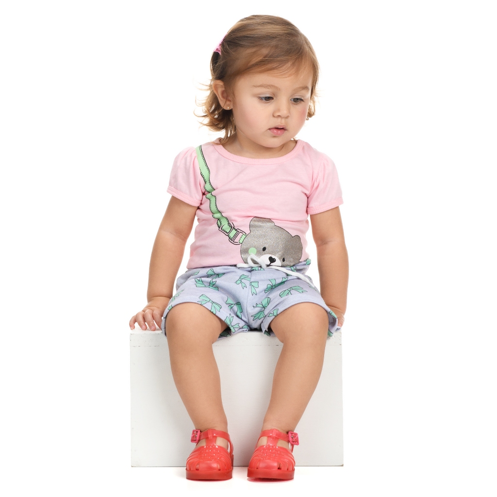 Kit 2 Conjuntos Menina Infantil Verão Camiseta Bolsa Ursinho E Shorts Laços Algodão Roupa De Meninas