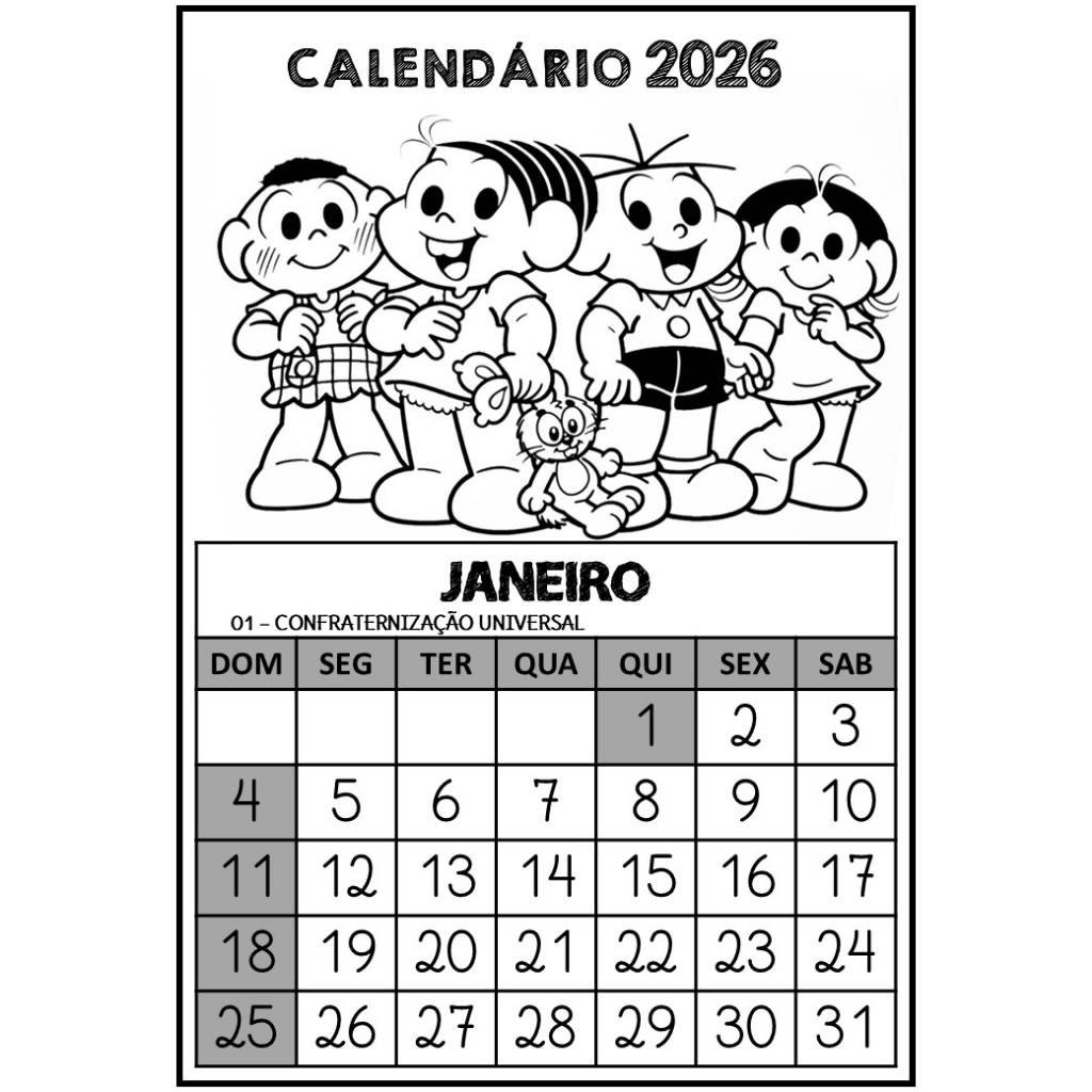 Calendário 2026 Turma da Mônica Para Colorir A5 - 12 Folhas Soltas (Papel 180g ou 120g)