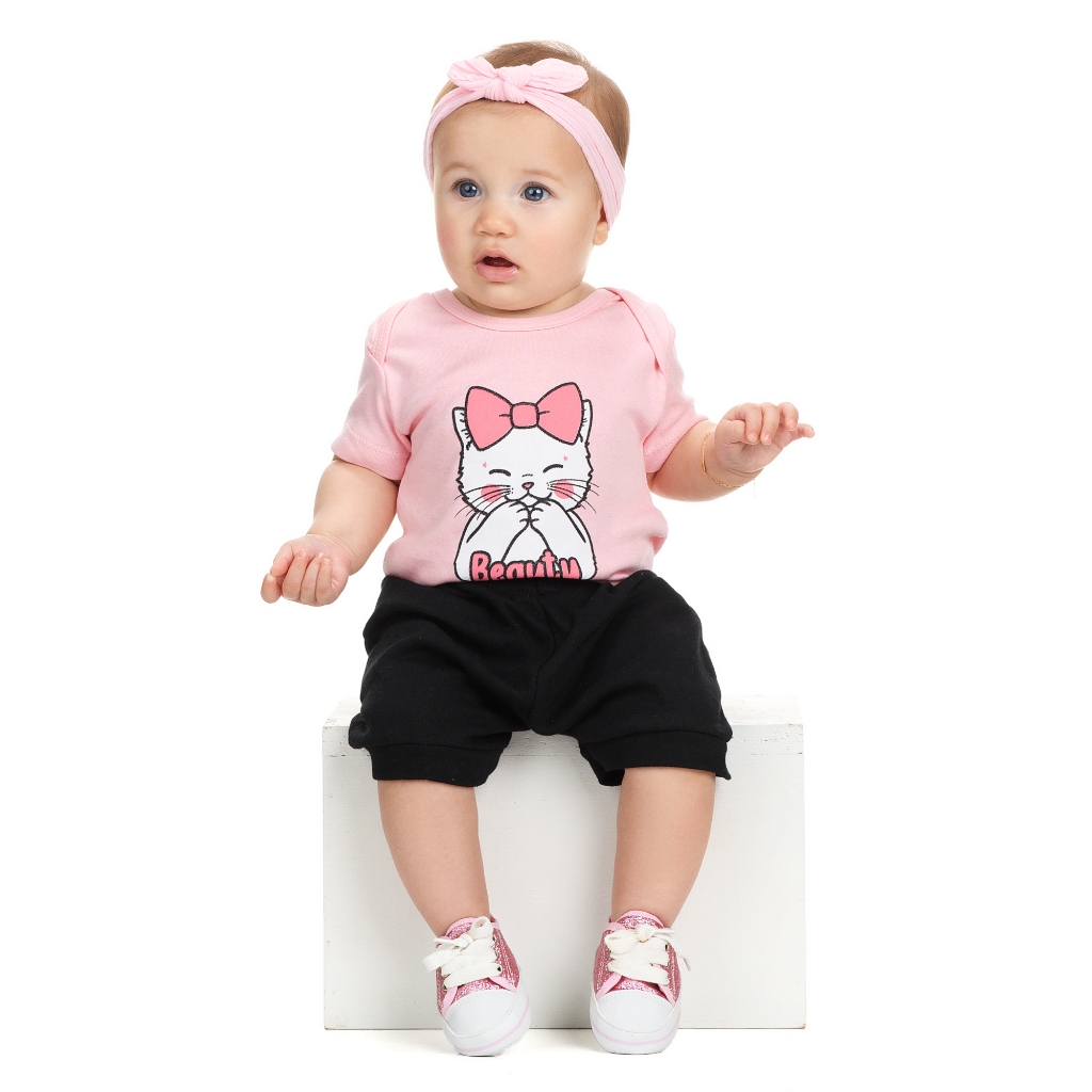 Kit 2 Conjuntos Infantil Menina Body e Short Para o Dia a Dia Leve Macio Estiloso Estampado Básico