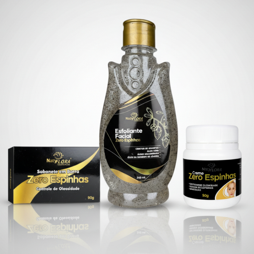 Kit Zero Espinhas NatyFlora com creme e sabonetes. Ajuda no controle da acne e oleosidade da pele.