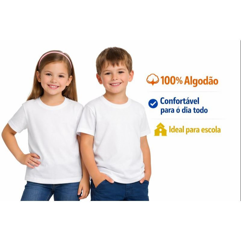 Camiseta Escolar Infantil Branca Lisa Manga Curta 100% Algodão - Básica Unissex Menino e Menina