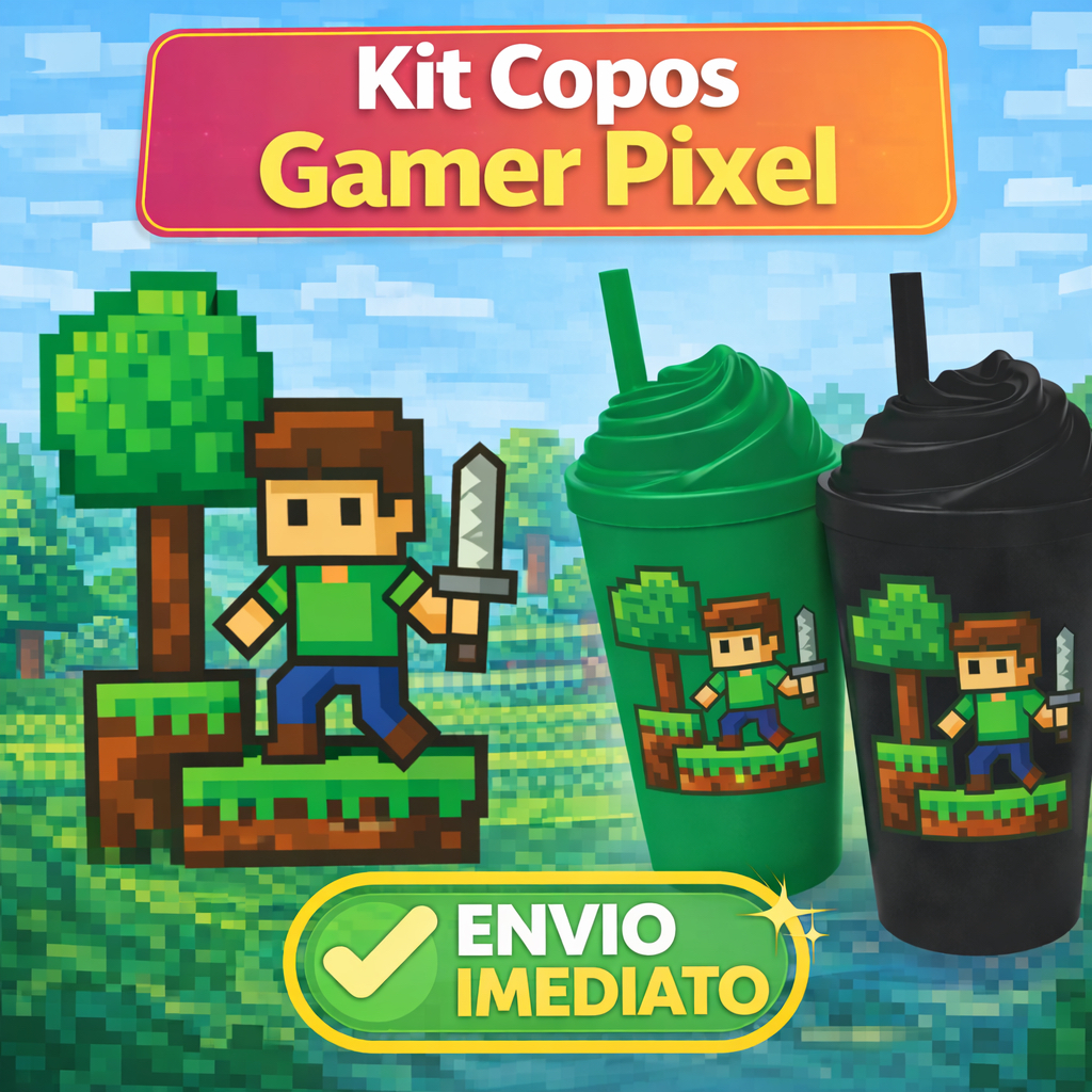 Kit 10/20/40 Copos Gamer Pixel Mine para Festa Infantil – Lembrancinhas Envio Imediato