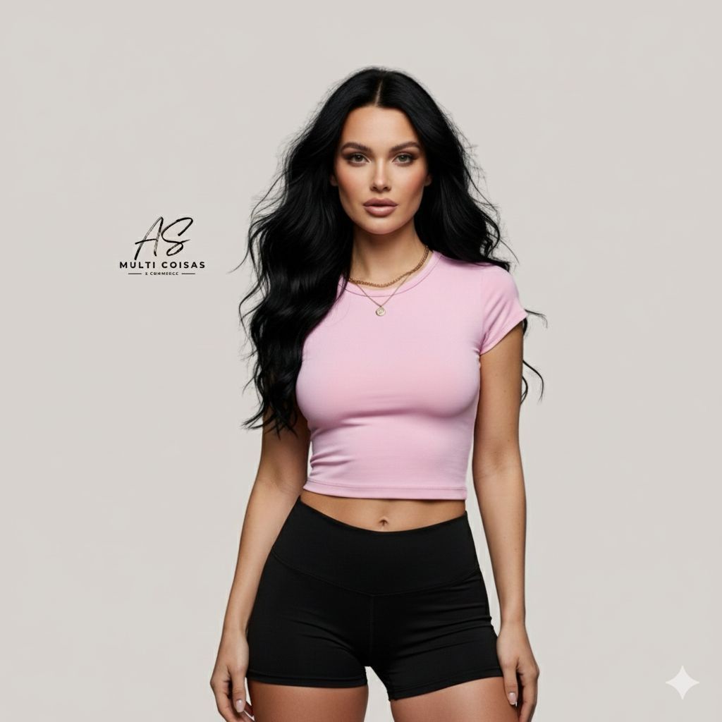 CAMISETA BABY TEE MAIS SHORT POLIAMIDA SUPLEX ZERO TRANSPARENCIA COSTURA REFORÇADO KIT FEMININA ACADEMIA PREMIUM PROMOÇÃ