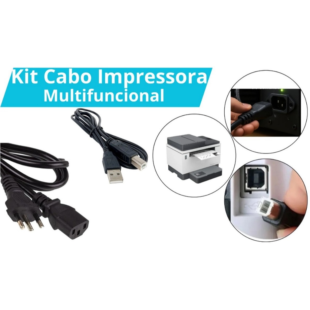 Kit Cabo de Força Tripolar 10A + Cabo USB A/B 1,5 Mt Para Impressora Multifuncional HP LaserJet