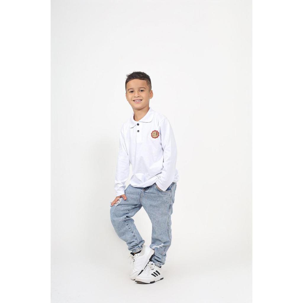 Camisa Camiseta Infantil Masculino Gola Polo Manga Longa Malha Algodão Casual Lisa Basica