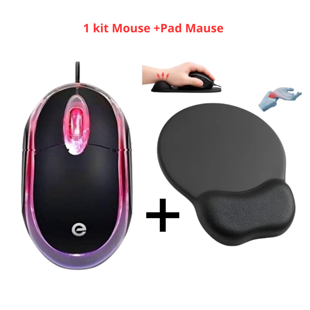Kit Mouse Exbom USB Óptico Ergonômico PC Notebook Mouse pad Ergonomico Trabalho+ Mousa Pad Em Gel Com Apoio Punho